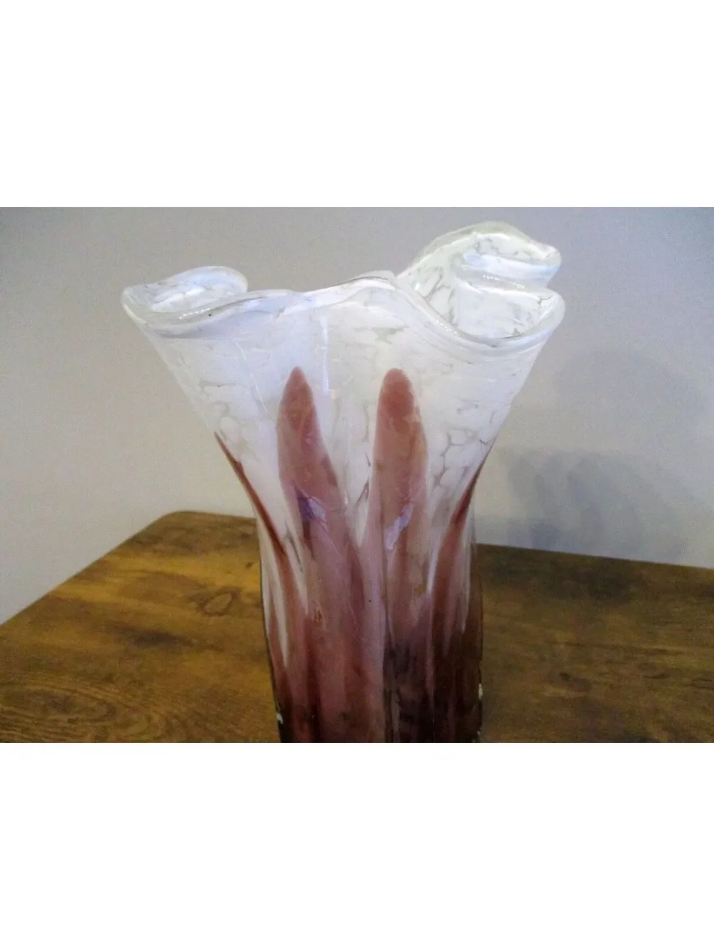 MCM Purple & White Mottled Handblown Glass Vase - Ruffled Handkerchief Top
